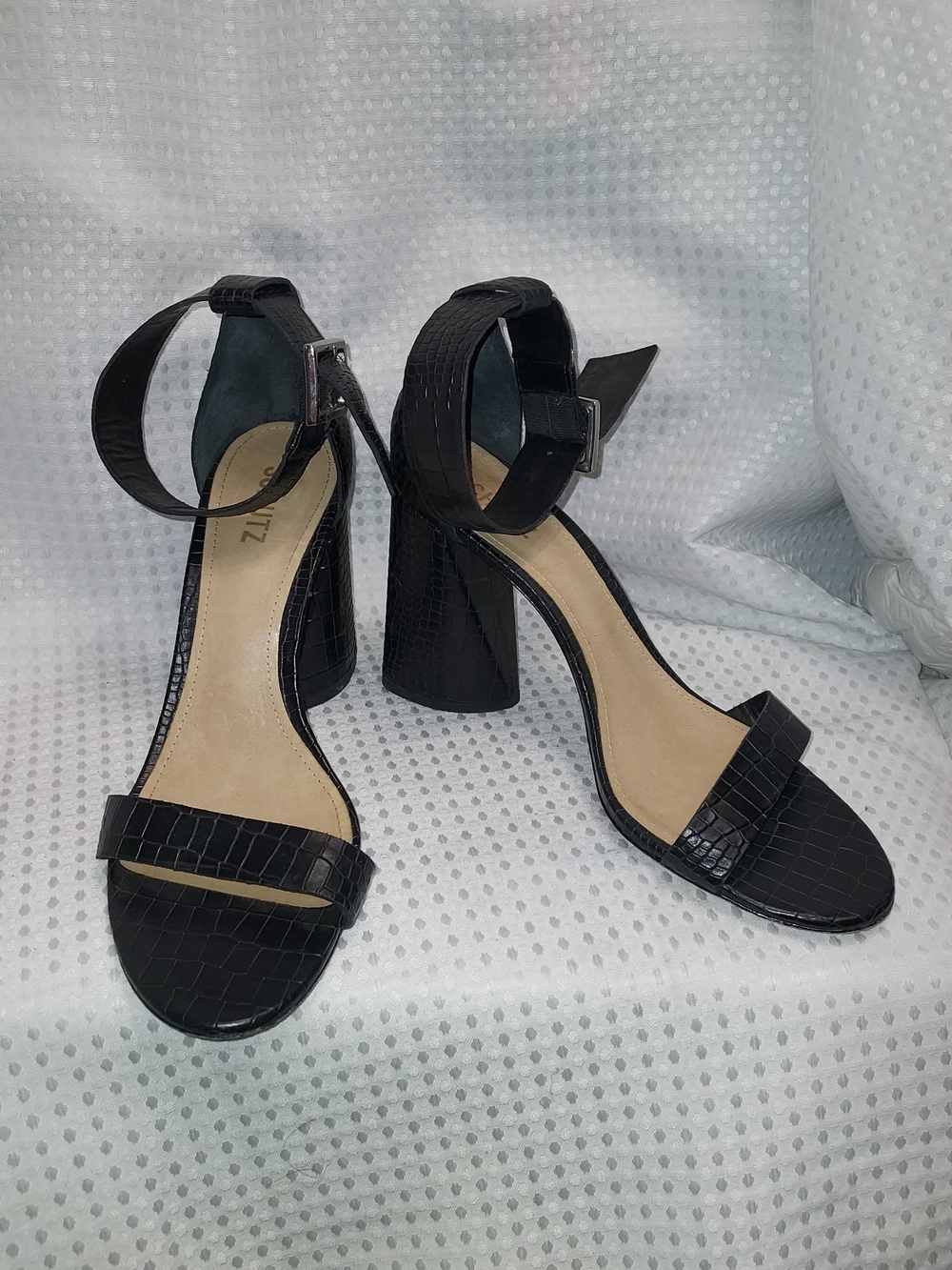 Schultz Black Croc-Embossed Block Heel Ankle Strap Sandals